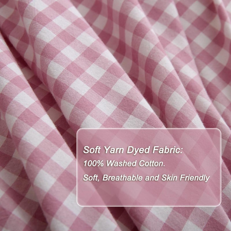 Silnuo Vintage Pink/White Plaid Ruffle 3-Piece Duvet Cover Set Queen Size,Washed Cotton Shabby Gingham Checkered Bedding Set Farmhouse Comforter Set - Image 5